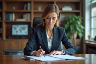 Femme d'affaires en train de lire des documents de prêt immobilier