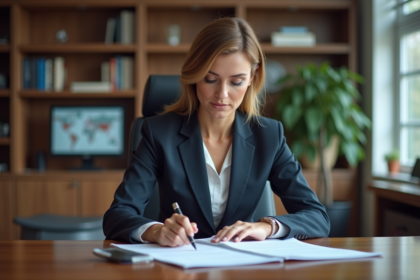 Femme d'affaires en train de lire des documents de prêt immobilier