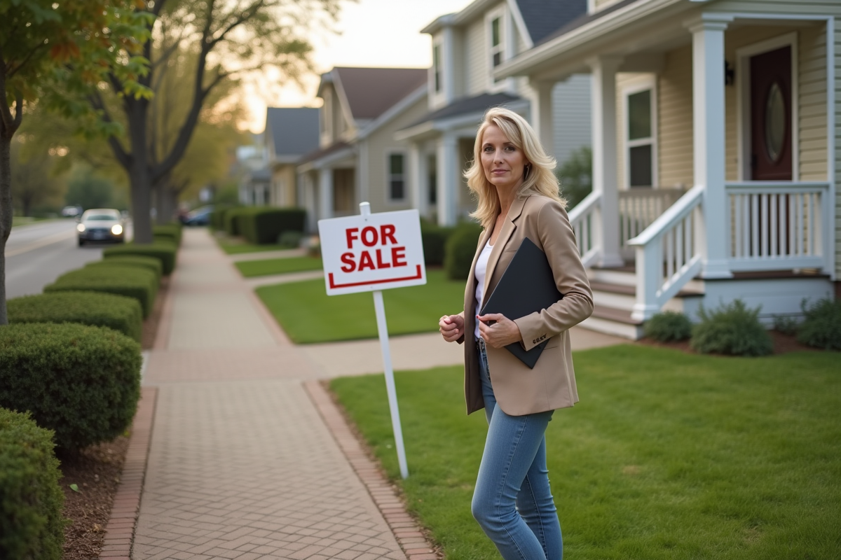 Femme regardant une maison à vendre devant un jardin bien entretenu