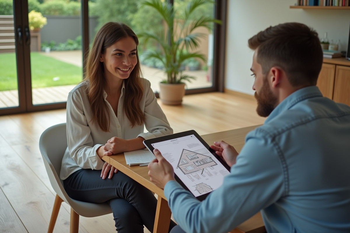 Jeune femme discutant de plans numériques dans un salon écologique