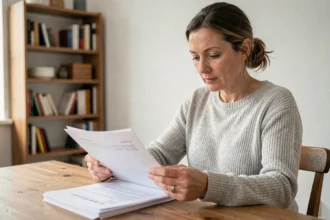 Femme consultant des documents administratifs avant une demande Alin à son bureau à domicile