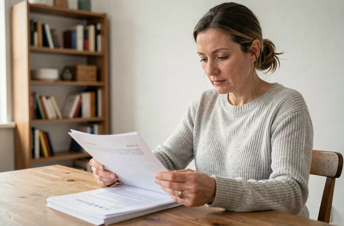 Femme consultant des documents administratifs avant une demande Alin à son bureau à domicile