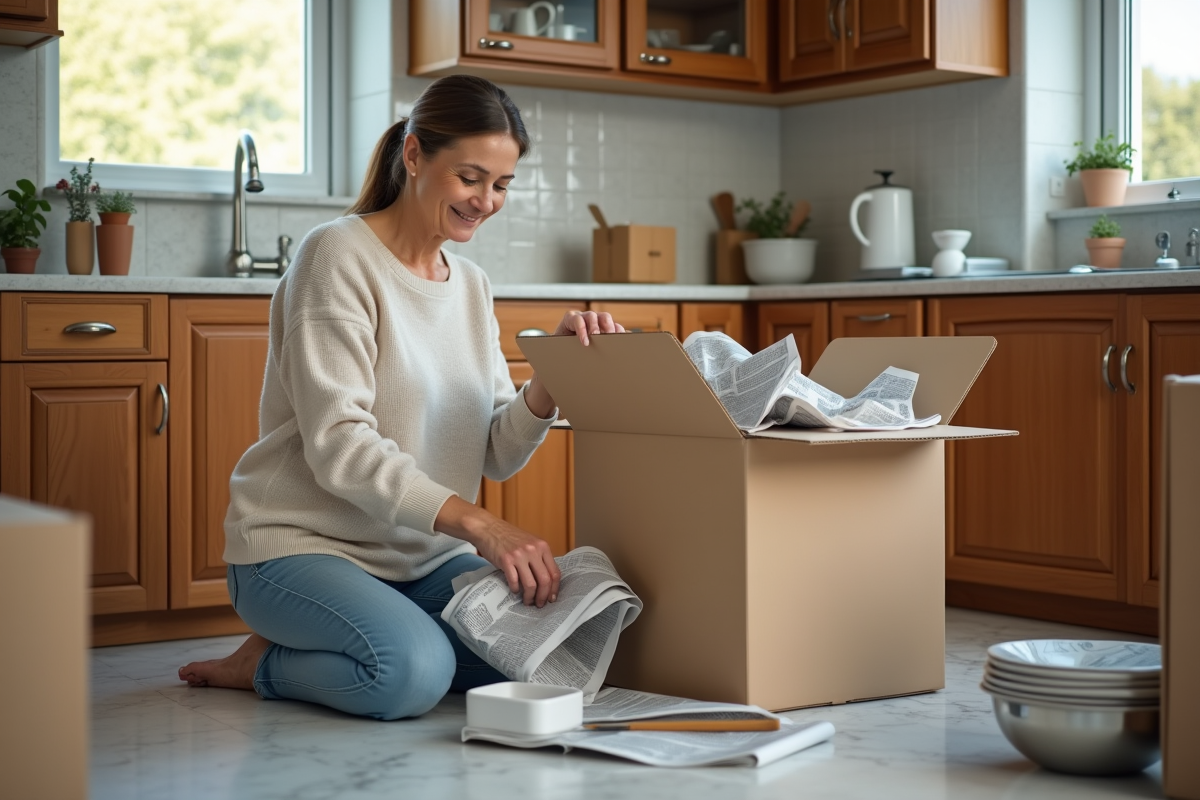 Femme emballant des vaisselle dans une cuisine lumineuse