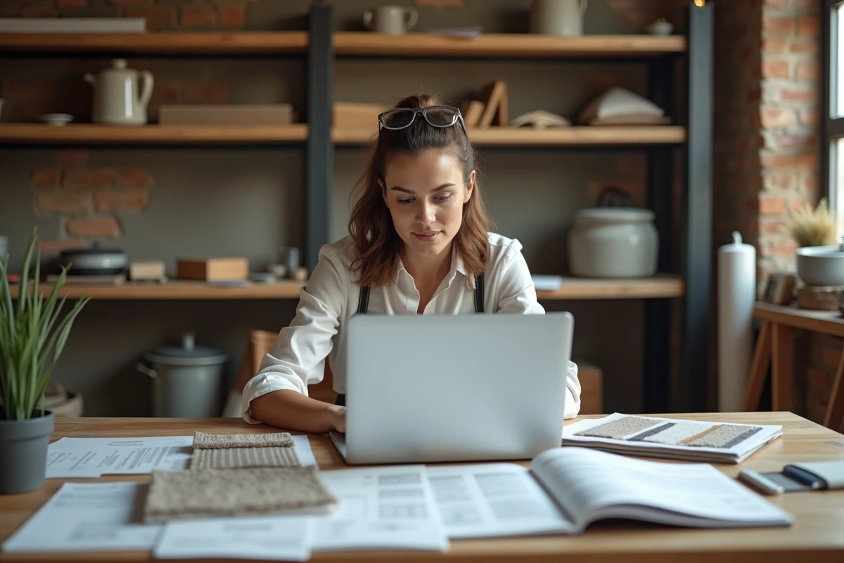 Femme entrepreneur en rénovation travaillant sur son business plan entourée d'échantillons de matériaux dans un atelier