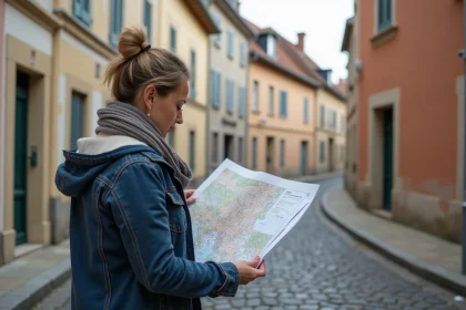Femme étudie un plan à l'impasse des Lilas à Aix Villemaur Pâlis