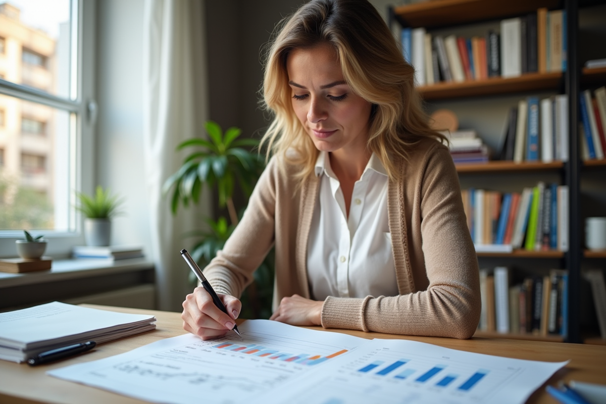 Femme en home office analysant un graphique de remboursement de prêt