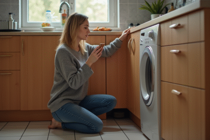 Femme inspectant une fuite d'eau dans la cuisine