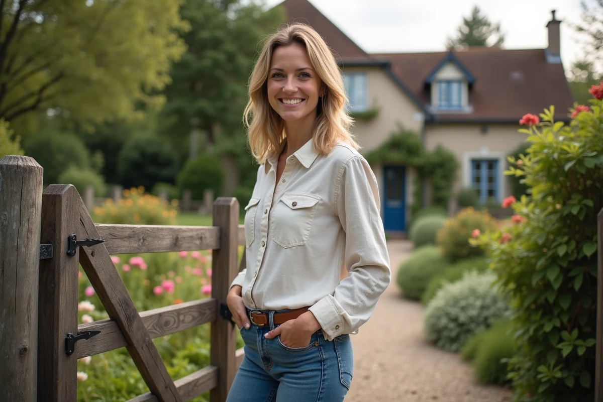 Femme souriante devant une porte en bois dans un jardin normand