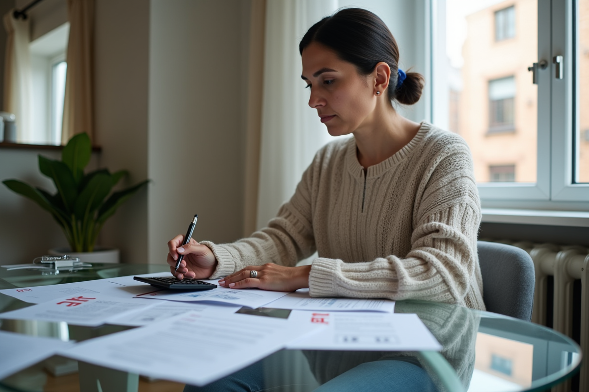 Femme avec documents Airbnb dans un salon urbain confortable