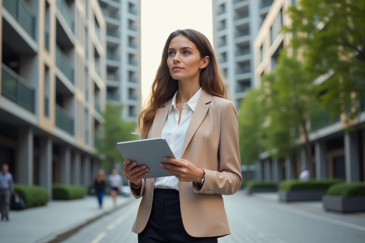 Femme investisseuse devant un immeuble résidentiel moderne consultant une plateforme immobilière sur tablette