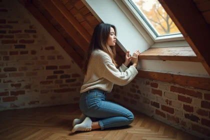 Jeune femme vérifiant l'isolation dans un grenier lumineux