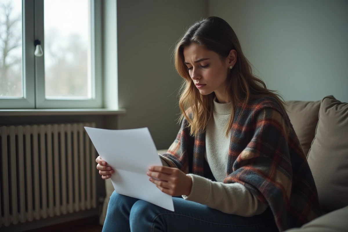 Femme assise sur un canapé tenant une lettre avec frustration