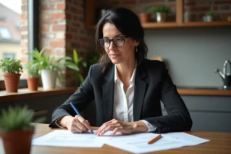 Femme d'âge moyen lisant des papiers dans une cuisine urbaine