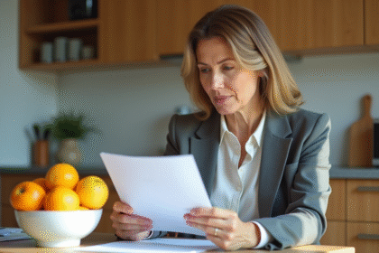 Femme d'âge moyen examinant des documents dans une cuisine lumineuse