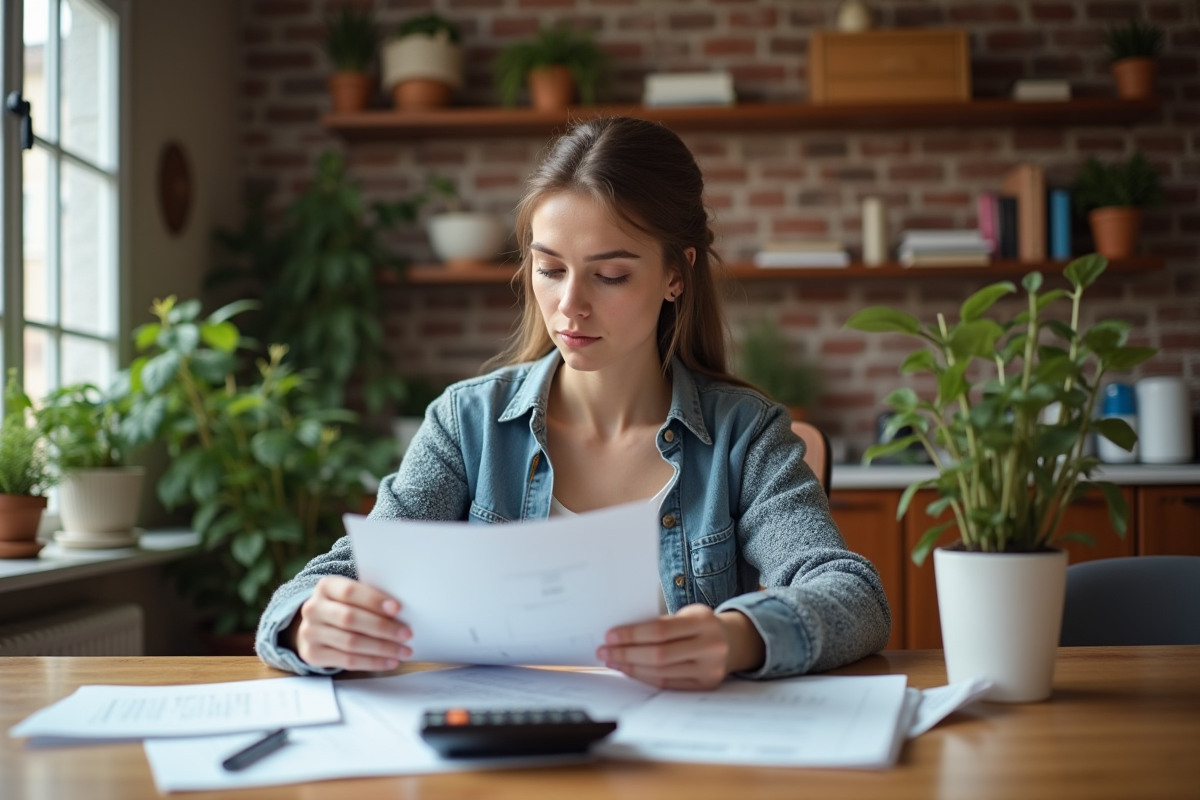 Jeune femme analysant des documents dans un appartement cosy