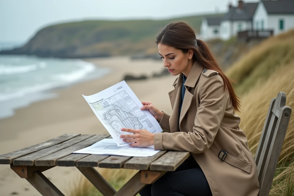 Jeune femme examine une carte immobilière sur la plage