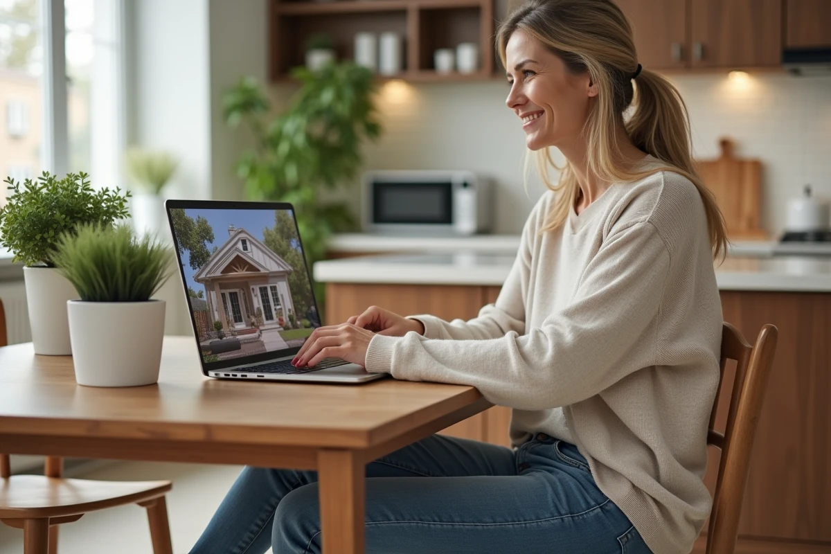Femme assise explorant une visite virtuelle de maison sur son ordinateur