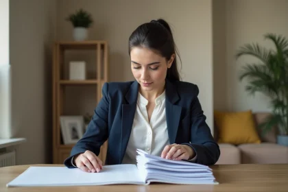 Femme organisée avec des documents dans un salon moderne
