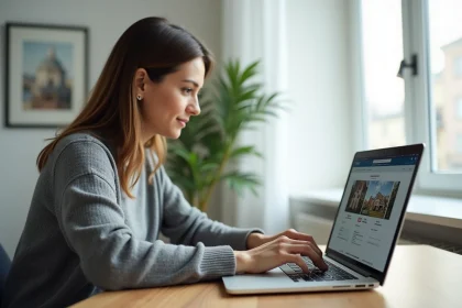 Femme consultant un outil de suivi de prix immobilier sur son ordinateur portable dans un bureau à domicile moderne