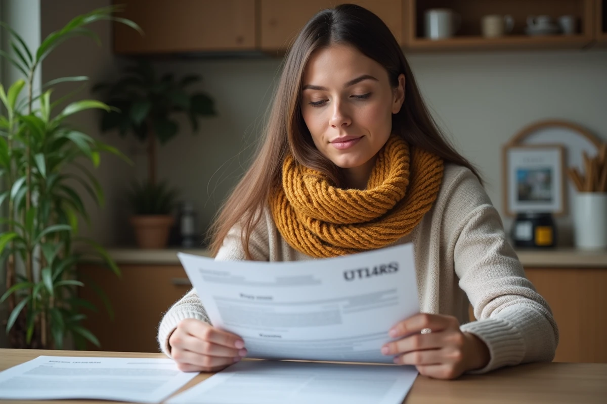 Femme regardant des documents avec un numéro ALIN dans un intérieur cosy