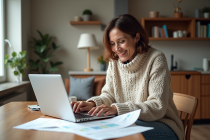 Femme souriante examine des documents d'assurance à la maison