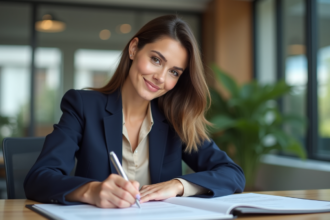 Femme professionnelle signant des documents dans un bureau moderne