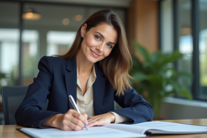 Femme professionnelle signant des documents dans un bureau moderne