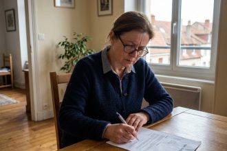 Femme signant un contrat de location dans un appartement