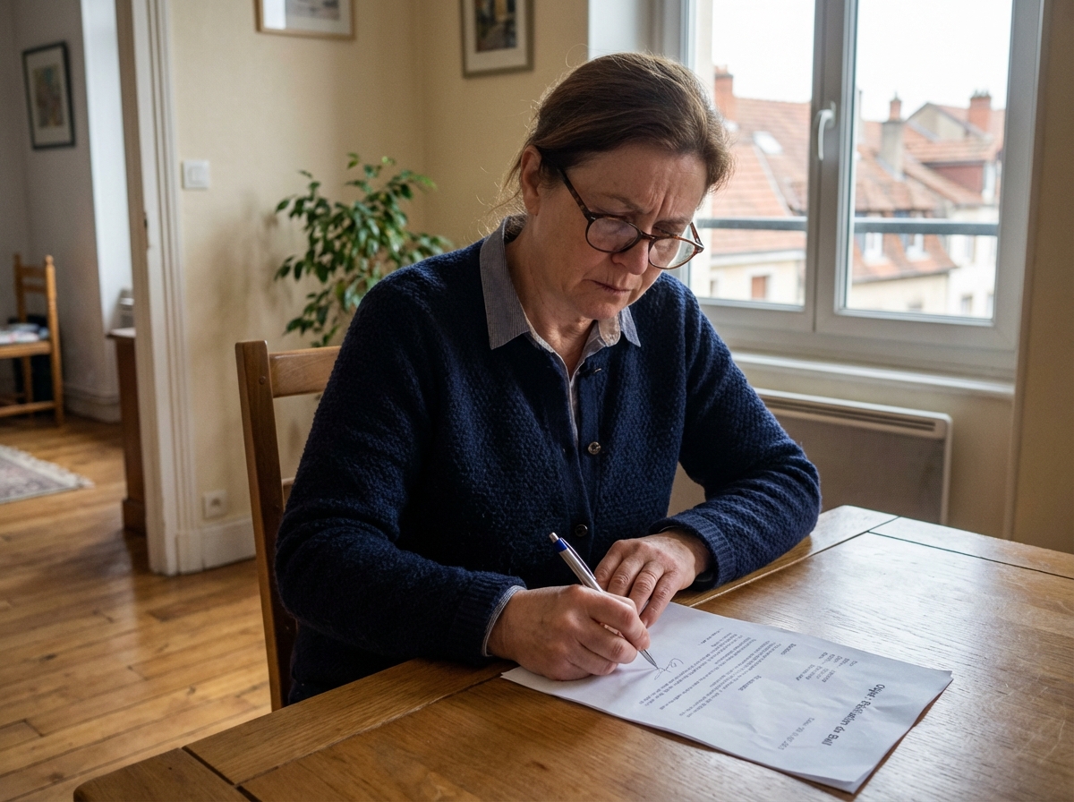 Femme signant un contrat de location dans un appartement