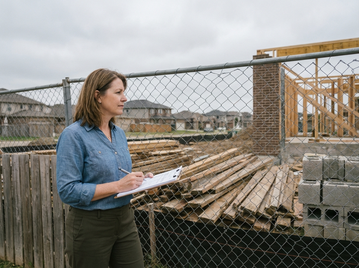 Femme regardant un chantier de construction avec un clipboard