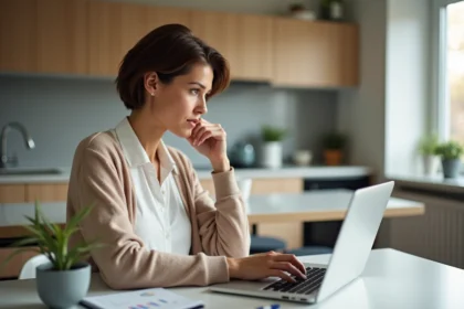 Femme d'âge moyen travaillant sur un ordinateur dans une cuisine lumineuse