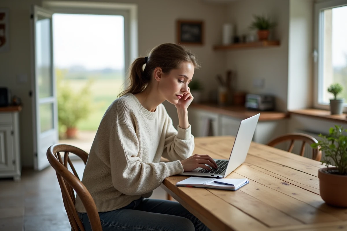 Jeune femme travaillant sur un ordinateur dans une cuisine lumineuse