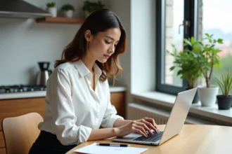 Femme travaillant sur son ordinateur dans un appartement lumineux
