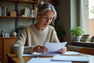 Femme d'âge moyen triant du courrier à la maison