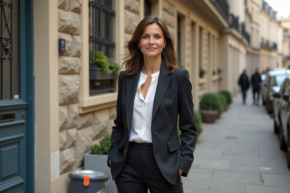 Jeune femme devant une maison en rénovation dans un quartier urbain
