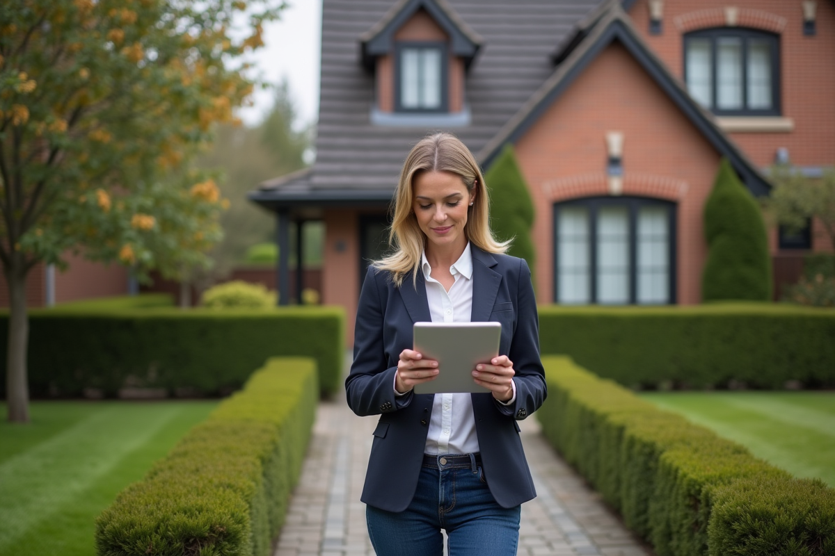 Femme confiante vérifiant données immobilières avec tablette