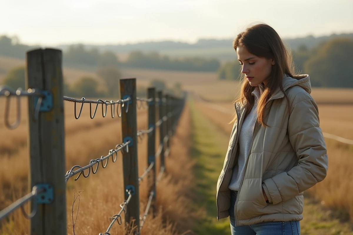 Jeune femme examinant une clôture en fil de fer à la campagne
