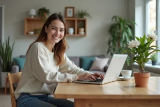 Femme en jean et pull léger lors d'une visite virtuelle de maison