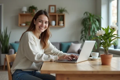 Femme en jean et pull léger lors d'une visite virtuelle de maison