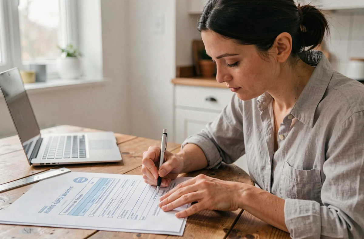 Femme remplissant un formulaire de déclaration préalable de travaux imprimé à domicile