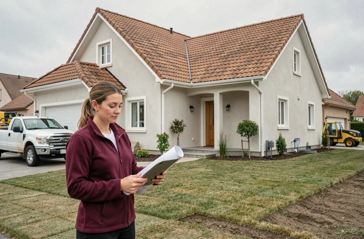 Coordinatrice de chantier Ganova Construction devant une maison individuelle fraîchement enduite près de Lyon