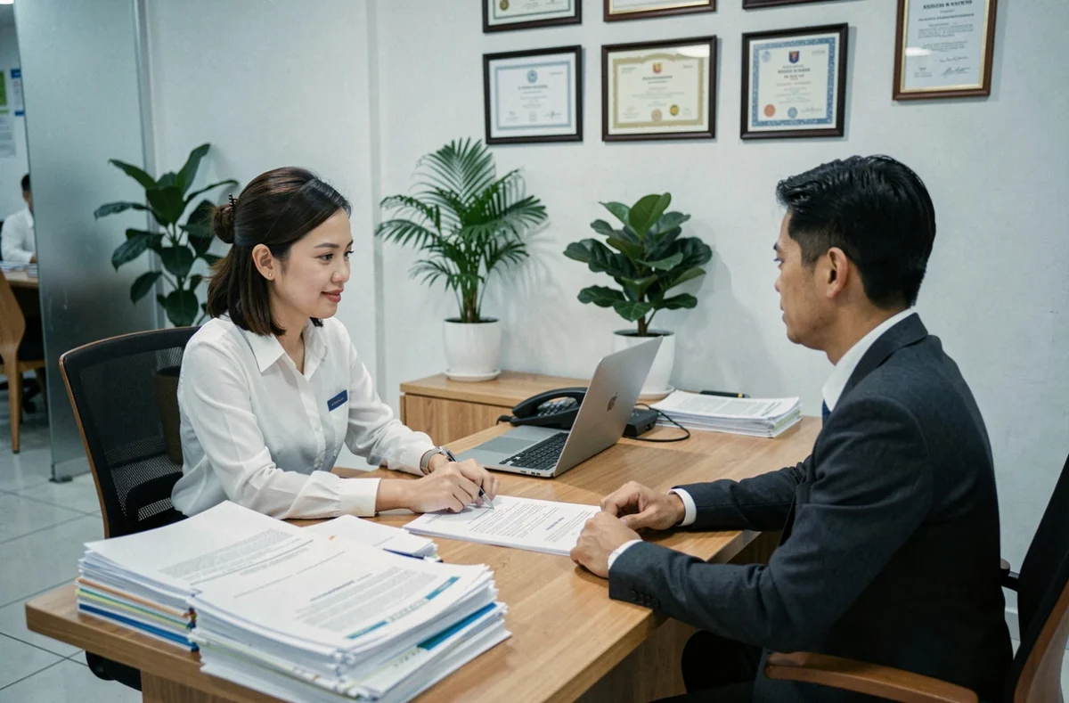 Avocat immobilier thaïlandais expliquant les garanties contractuelles à des acheteurs étrangers dans un bureau à Bangkok