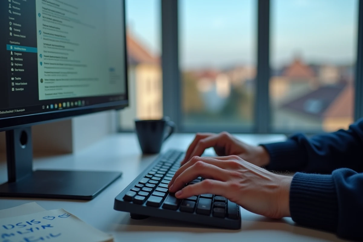 Gros plan de mains tapant sur un clavier pour gérer une boîte mail professionnelle avec vue sur Toulouse en arrière-plan