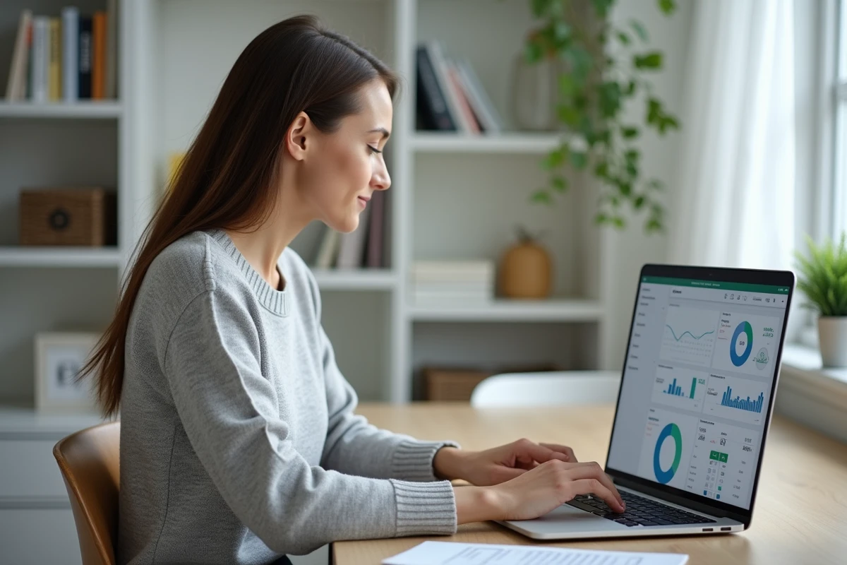Femme gérant ses biens immobiliers en ligne via une plateforme numérique depuis son bureau à domicile
