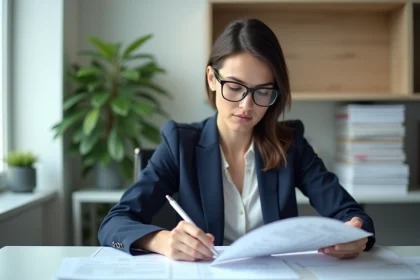 Gestionnaire de copropriété révisant un pré état daté vierge dans un bureau immobilier moderne