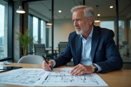 Gestionnaire immobilier en costume dans un bureau moderne