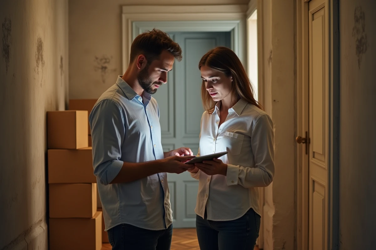 Deux héritiers adultes consultant un tableau fiscal sur une tablette dans un appartement en indivision