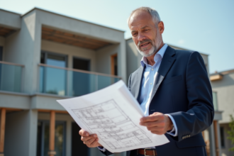 Homme en blazer bleu examinant des plans architecturaux en extérieur