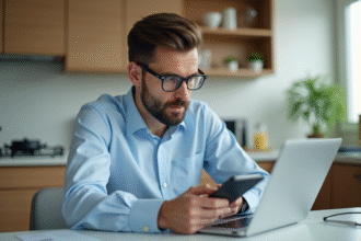Homme en chemise bleue travaillant avec calculatrice dans une cuisine lumineuse