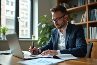Homme en bureau moderne examinant des graphiques sur son ordinateur